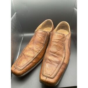 Ferrato Mens Brown Leather Slip On Loafers Dress Shoes Stitched Detail